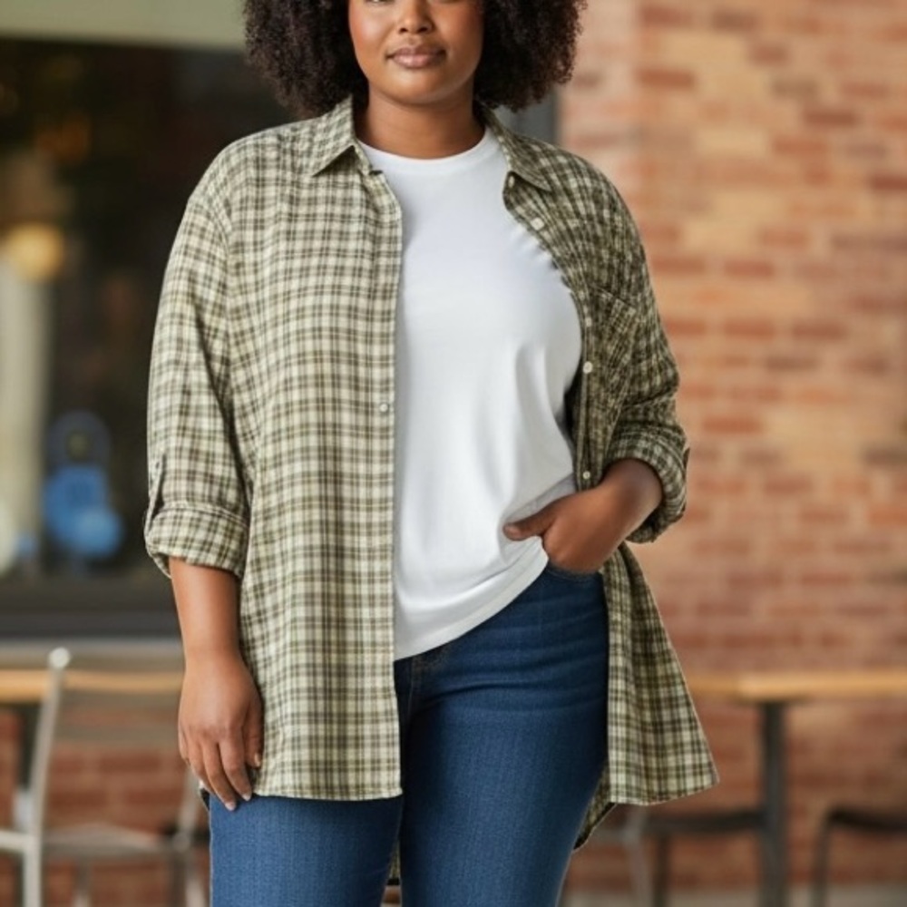 Venezia Jean Co Women Plus size 18-20 Green Plaid Long-Sleeve Button-Up Shirt - Picture 4 of 8